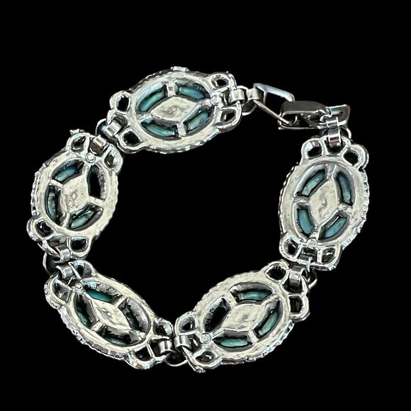 Vintage Faux Turquoise Blue Cabochon Silver Tone Link Bracelet 7” Length - Picture 2 of 3